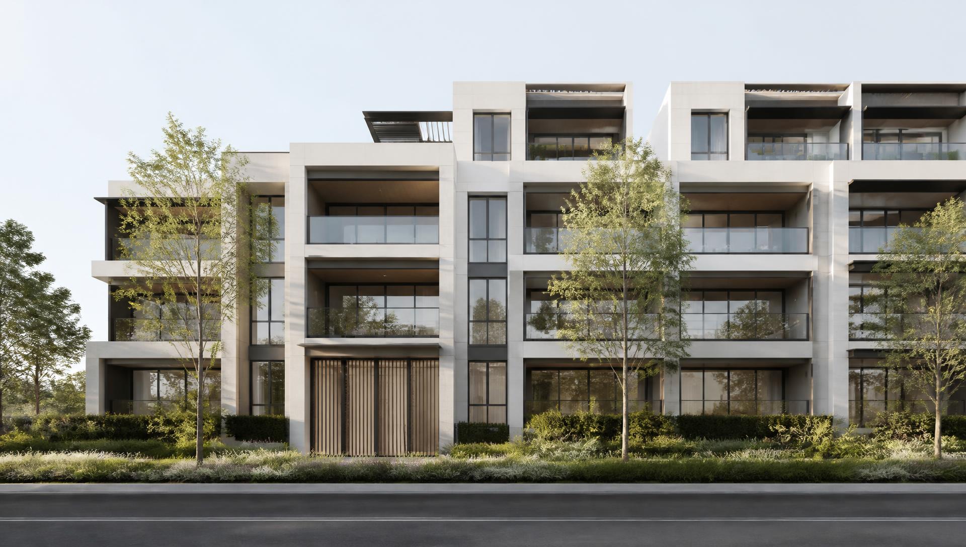 Modern condominium building facade in soft daylight