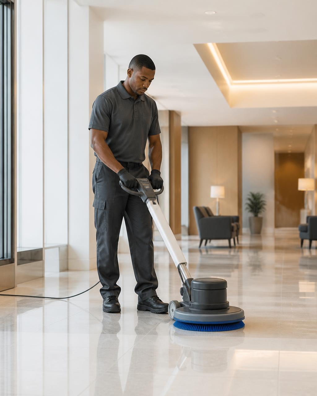 Shoreline service professional polishing a bright commercial lobby floor